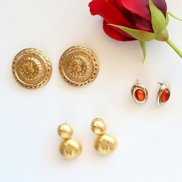 Bundle 3 Pairs Vintage Gold Silver Dangle Stud Clip-on Amber Coin Earrings S M L - Picture 12 of 12